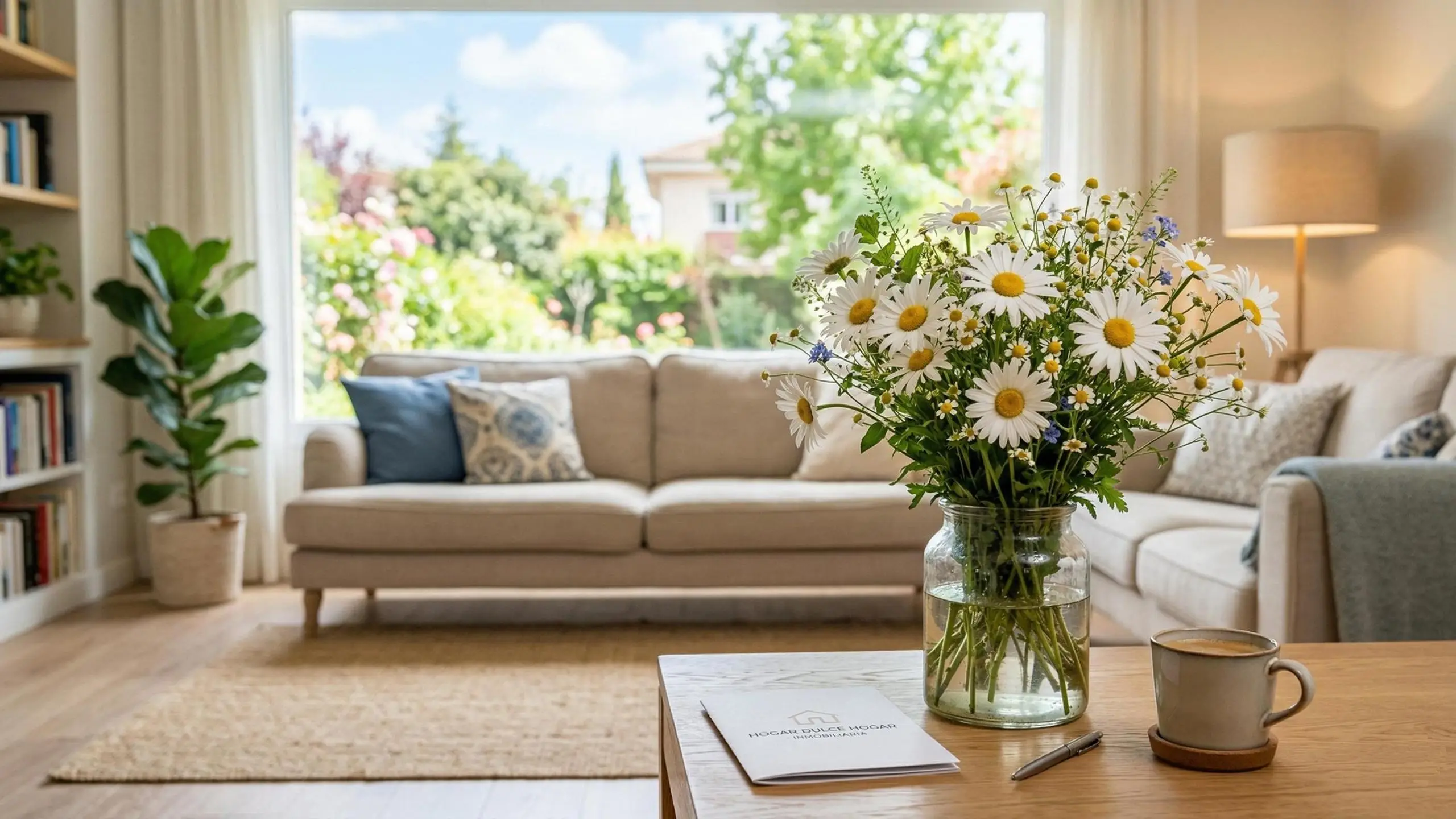 Salón acogedor con ramo de margaritas y luz natural